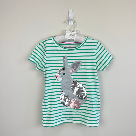 Mini Boden Green Stripe Bunny Sequin Tee Shirt 7-8 - Picture 1 of 6